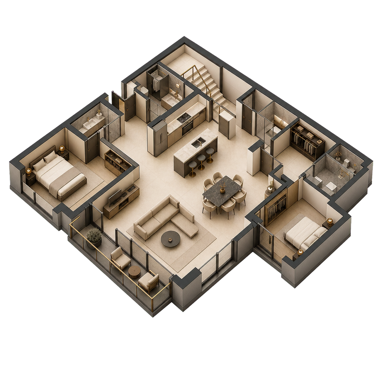 Skulpturel 3D-visualisering af en arkitektonisk plantegning